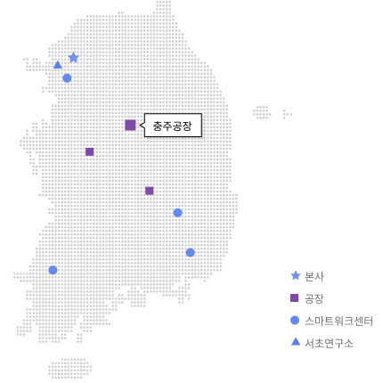 ★ 본사 : 서울 / ■ 공장,스마트워크센터 : 충추, 대전, 김천 / ● 스마트워크센터 : 군포, 죽전, 충주, 대전, 김천, 대구, 광주, 부산  / ▲생활혁신 연구소 : 죽전 중 ★본사 